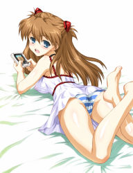 Rule 34 | 00s, 1girl, ass, barefoot, bed, blue eyes, blue panties, blush, breasts, brown hair, cameltoe, cleft of venus, covered erect nipples, feet, handheld game console, joy ride, long hair, looking at viewer, looking back, lying, medium breasts, neon genesis evangelion, nightgown, on stomach, open mouth, panties, pantyshot, playing games, rebuild of evangelion, solo, souryuu asuka langley, striped clothes, striped panties, tight clothes, underwear, white panties, wonderswan, wonderswan color