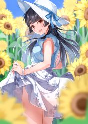 Rule 34 | 1girl, :d, absurdres, black hair, blue shirt, blunt bangs, blurry, blurry foreground, commentary request, day, depth of field, field, flower, flower field, hat, highres, honorikiti, idolmaster, idolmaster shiny colors, long hair, looking at viewer, looking back, mayuzumi fuyuko, open mouth, outdoors, red eyes, shirt, skirt, skirt hold, sleeveless, sleeveless shirt, smile, solo, sunflower, sunflower field, very long hair, white hat, white skirt, yellow flower