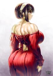 Rule 34 | 1girl, alternate muscle size, ass, backless dress, backless outfit, bare shoulders, black hair, breasts, dress, earrings, hairband, highres, jewelry, large breasts, looking to the side, median furrow, muscular, muscular female, red eyes, simple background, solo, spy x family, the golden smurf, white background, yor briar