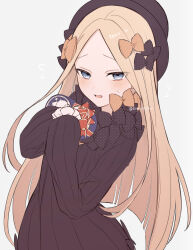 Rule 34 | 1girl, abigail williams (fate), black bow, black dress, black hat, blonde hair, blue eyes, blush, bow, box, breasts, dress, fate/grand order, fate (series), forehead, hair bow, hat, heart-shaped box, highres, long hair, long sleeves, looking at viewer, open mouth, orange bow, parted bangs, ribbed dress, sleeves past fingers, sleeves past wrists, small breasts, solo, sumi (gfgf 045)