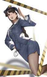 Rule 34 | 1girl, absurdres, black hair, blush, breast pocket, breasts, brown eyes, brown pantyhose, commentary, cuffs, handcuffs, hat, highres, long hair, long sleeves, miniskirt, mole, mole under eye, mouth hold, nimu (099), original, pantyhose, pocket, police, police hat, police uniform, policewoman, salute, skirt, solo, uniform, whistle