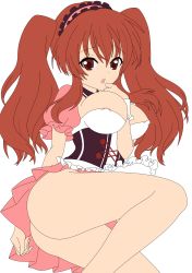 Rule 34 | 1girl, absurdres, asahina mikuru, breasts, brown eyes, brown hair, cosplay, covered erect nipples, dress, highres, legs, long hair, maid, miniskirt, open mouth, short dress, short twintails, shy, skirt, suzumiya haruhi no yuuutsu, thighs, twintails, vector trace, waitress