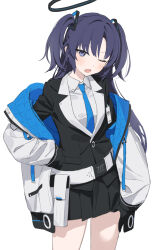 Rule 34 | 1girl, black gloves, black skirt, blue archive, blue necktie, blush, collared shirt, cowboy shot, formal, gloves, halo, highres, id card, long hair, mechanical halo, nanmo (nanmokamo), necktie, off shoulder, one eye closed, open mouth, purple eyes, purple hair, shirt, simple background, skirt, solo, suit, two side up, white background, white shirt, yuuka (blue archive)