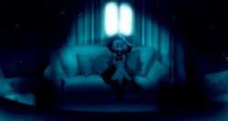 Rule 34 | 1girl, blue theme, couch, female focus, flandre scarlet, hat, highres, indoors, monochrome, sitting, solo, touhou, window, yoshioka yoshiko