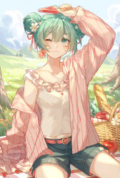 Rule 34 | 1girl, ;3, absurdres, alternate hairstyle, apple, arm at side, arm up, baguette, basket, blanket, blouse, blue shorts, blush, bread, cherry, chinese commentary, cloud, day, double bun, earrings, floral print, flower, flower earrings, food, food bite, frills, fruit, grass, grasslands, green eyes, green hair, hair bun, hair flower, hair ornament, hair ribbon, hatsune miku, highres, holding, holding food, jewelry, long sleeves, looking at viewer, midriff peek, mountainous horizon, nature, navel, off shoulder, one eye closed, open clothes, open shirt, outdoors, picnic, picnic basket, popsicle, print shorts, red flower, red shirt, ribbon, shading eyes, shirt, shorts, sitting, sky, smile, solo, striped clothes, striped shirt, sunlight, tree, vocaloid, watermelon bar, white flower, white shirt, xuanli