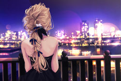 Rule 34 | 1girl, bare shoulders, black dress, blonde hair, blurry, braid, cityscape, depth of field, dress, facing away, from behind, hair ribbon, highres, lens flare, long hair, night, night sky, original, outdoors, purple ribbon, railing, reflection, ribbon, river, sasahara wakaba, single braid, sky, solo, symbol-only commentary, upper body