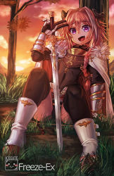 Rule 34 | 1boy, against tree, armor, astolfo (fate), black bow, black panties, black thighhighs, boots, bow, braid, commentary, fang, fate/apocrypha, fate/grand order, fate (series), freeze-ex, full body, gauntlets, hair between eyes, hair bow, hair intakes, hair over shoulder, long braid, long hair, male focus, outdoors, panties, pantyshot, pink hair, planted, planted sword, planted weapon, purple eyes, single braid, sitting, solo, sunset, sweat, sword, thighhighs, trap, tree, underwear, upskirt, v over eye, weapon