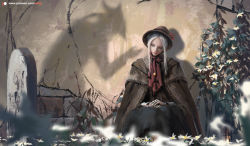 Rule 34 | 1girl, against wall, bloodborne, bonnet, cloak, doll joints, closed eyes, flower, highres, hunter (bloodborne), joints, plain doll, plant, shadow, silver hair, sitting, solo focus, wall, wlop