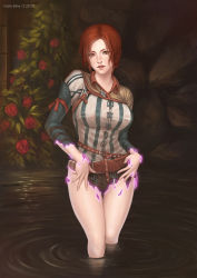 Rule 34 | 1girl, bad id, bad pixiv id, breasts, brown eyes, brown hair, dissolving clothes, female focus, large breasts, nipples, red hair, see-through, short hair, smile, solo, the witcher (series), torn clothes, triss merigold, vasily (run211), water, wet