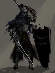 Rule 34 | 1boy, armor, artorias the abysswalker, cape, dark souls (series), dark souls i, dual wielding, from software, full armor, gauntlets, helmet, holding, knight, male focus, oginogisaki, shadow, shield, solo, sword, torn cape, torn clothes, weapon