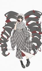 Rule 34 | 1girl, alternate costume, black footwear, black hair, card, celestia ludenberg, checkered clothes, checkered kimono, colored inner hair, criis-chan, danganronpa: trigger happy havoc, danganronpa (series), drill hair, full body, headdress, holding, holding card, japanese clothes, kimono, long hair, long sleeves, multicolored hair, obi, red hair, sash, shoes, simple background, smile, solo, twin drills, twitter username, white background, wide sleeves