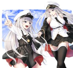 Rule 34 | 2girls, :d, :o, azur lane, bare shoulders, belt, black belt, black coat, black neckwear, black skirt, black thighhighs, blue eyes, blue sky, blush, breasts, character print, cloud, coat, collared shirt, commentary, cowboy shot, day, enchuu, enterprise (azur lane), gold trim, hair between eyes, hat, highres, holding hands, large breasts, little enterprise (azur lane), long hair, long sleeves, looking at another, manjuu (azur lane), military hat, miniskirt, mother and daughter, multiple girls, necktie, off shoulder, open clothes, open coat, open mouth, overall skirt, peaked cap, pleated skirt, pointing, purple eyes, shirt, sidelocks, silver hair, skirt, sky, sleeveless, sleeveless shirt, smile, standing, taut clothes, taut shirt, teeth, thighhighs, underbust, upper teeth only, very long hair, walking, white headwear, white shirt, zettai ryouiki