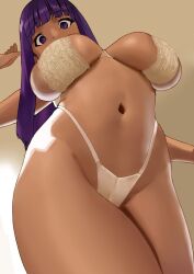 Rule 34 | 1girl, breasts, cameltoe, cessa, curvy, female focus, fern (sousou no frieren), hand up, large breasts, lingerie, looking at viewer, looking down, matching hair/eyes, navel, purple eyes, purple hair, shiny skin, solo, solo focus, sousou no frieren, underwear, upper body, white lingere