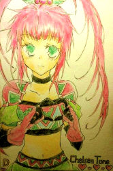 Rule 34 | 1girl, breasts, character name, chelsea torn, choker, elbow gloves, gloves, green eyes, long hair, midriff, navel, pink hair, tales of (series), tales of destiny