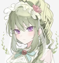 Rule 34 | 1girl, blue ribbon, blush, closed mouth, flower, green hair, hair flower, hair ornament, highres, juliet sleeves, kusanagi nene, long hair, long sleeves, looking at viewer, neck ribbon, nong 345, pink flower, portrait, project sekai, puffy sleeves, purple eyes, ribbon, shirt, side ponytail, sidelocks, simple background, solo, very long hair, white background, white shirt