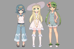 Rule 34 | 3girls, :d, arms behind head, baggy pants, bare legs, blonde hair, blue eyes, blue footwear, blue hair, blue sailor collar, blue shorts, blunt bangs, blush, braid, breasts, capri pants, closed mouth, collarbone, creatures (company), cutoffs, dark-skinned female, dark skin, dress, eyebrows, female focus, flower, front braid, full body, game freak, green eyes, green footwear, green hair, hair flower, hair ornament, hairband, hand on own hip, hat, hibiscus, kneehighs, lana (pokemon), legs apart, lillie (pokemon), long hair, looking at viewer, low twintails, mallow (pokemon), multiple girls, nintendo, no socks, open mouth, overalls, pants, plant, pokemon, pokemon sm, sailor collar, sandals, shoes, shone, short hair, shorts, simple background, sleeveless, sleeveless dress, small breasts, smile, socks, sun hat, sundress, tareme, trial captain, twin braids, twintails, white dress, white headwear, white legwear