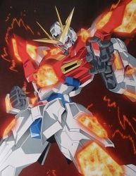 Rule 34 | blue eyes, build burning gundam, clenched hand, fire, gundam, gundam build fighters, gundam build fighters try, looking down, mecha, no humans, official art, oobari masami, open hand, robot, science fiction, solo, v-fin
