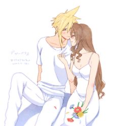 Rule 34 | 1boy, 1girl, 2020, aerith gainsborough, bad id, bad pixiv id, bare arms, blonde hair, blush, breasts, brown hair, cleavage, closed eyes, closed mouth, cloud strife, collarbone, couple, dated, dress, final fantasy, final fantasy vii, flower, hair between eyes, hetero, holding, holding flower, krudears, long hair, pants, parted lips, red flower, shirt, short sleeves, sitting, sleeveless, sleeveless dress, small breasts, spiked hair, straight hair, t-shirt, title, very long hair, white background, white dress, white flower, white pants, white shirt, yellow flower