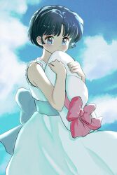 Rule 34 | blue eyes, blue sky, blush, bow, closed mouth, cloud, cloudy sky, dress, expressionless, hat, highres, holding, holding clothes, holding hat, kmr doodle, pink bow, ranma 1/2, short hair, sky, tendou akane, white dress