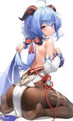 Rule 34 | 1girl, absurdres, ahoge, ass, back, bad id, bad pixiv id, berserker r, blue hair, breasts, closed mouth, crossed bangs, detached sleeves, feet, ganyu (genshin impact), genshin impact, goat horns, hand on own chest, highres, holding, holding own hair, horns, large breasts, long hair, long sleeves, looking at viewer, median furrow, pantyhose, pelvic curtain, ponytail, purple eyes, simple background, sitting, smile, solo, thighs, vision (genshin impact), wariza, white background