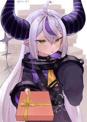 Rule 34 | 1girl, absurdres, ahoge, ascot, blush, box, braid, collar, commentary request, demon horns, dress, gift, gift box, hair between eyes, highres, holding, holding box, hololive, horns, imu chi, incoming gift, la+ darknesss, long sleeves, metal collar, multicolored hair, parted lips, pointy ears, purple dress, purple hair, silver hair, sleeves past wrists, solo, streaked hair, tail, tail raised, valentine, virtual youtuber, wide sleeves, yellow ascot, yellow eyes