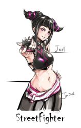Rule 34 | 1girl, alternate color, bare shoulders, black hair, bracelet, breasts, capcom, detached sleeves, drill hair, fingerless gloves, gloves, halterneck, han juri, hand on own hip, jewelry, jon tw, large breasts, looking at viewer, midriff, navel, pointing, pointing at viewer, purple eyes, short hair, solo, spiked bracelet, spikes, street fighter, street fighter iv (series), twin drills
