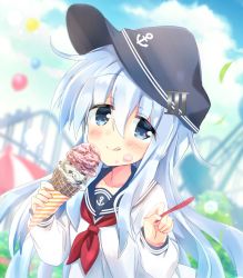 Rule 34 | 1girl, :q, amusement park, anchor symbol, bad id, bad pixiv id, balloon, black hat, black legwear, black sailor collar, blue eyes, blue hair, blue sky, blurry, blurry background, carousel, closed mouth, cloud, commentary request, day, depth of field, double scoop, flat cap, food, food on face, hat, head tilt, hibiki (kancolle), highres, hizuki yayoi, holding, holding food, ice cream, ice cream cone, ice cream on face, kantai collection, long hair, long sleeves, looking at viewer, neckerchief, outdoors, red neckerchief, roller coaster, sailor collar, school uniform, serafuku, shirt, silver hair, sky, smile, solo, spoon, tongue, tongue out, upper body, very long hair, white shirt