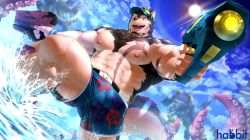 Rule 34 | 1boy, abs, alternate costume, another eidos-r, artist request, bara, billford (another eidos), blue male swimwear, blue swim trunks, bulge, cloud, cloudy sky, dog boy, fangs, feet out of frame, fighting stance, floral print, flower, furry, furry male, gammachaos, gun, hibiscus, hibiscus print, holding, holding gun, holding weapon, large pectorals, logo, looking at viewer, male focus, male swimwear, manly, mature male, muscular, muscular male, nipples, official alternate costume, official art, open mouth, outdoors, pectorals, print male swimwear, print swim trunks, scar, sky, solo, sun, sunlight, swim trunks, teeth, tentacles, thick arms, thick eyebrows, thick thighs, thighs, tongue, visor cap, water, weapon, yellow eyes