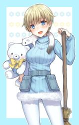 Rule 34 | 1girl, :d, bear, belt, blue sweater, blush, bow, brave witches, broom, commentary, cowboy shot, fur trim, hand on own hip, head tilt, holding, holding broom, holding stuffed toy, long sleeves, looking at viewer, military, military uniform, nikka edvardine katajainen, no pants, open mouth, pantyhose, polar bear, ribbed sweater, short hair, smile, solo, standing, stuffed animal, stuffed toy, sweater, teddy bear, totonii (totogoya), turtleneck, uniform, utility belt, weasel, white pantyhose, world witches series, yellow bow