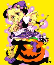 Rule 34 | 1girl, blonde hair, cat, chigo, female focus, halloween, jack-o&#039;-lantern, kirisame marisa, patchouli knowledge, plaid, plaid skirt, pumpkin, skirt, solo, touhou, yellow background