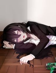 Rule 34 | 1girl, bad id, bad pixiv id, beer can, beifeng han, black hair, can, drink can, drunk, head rest, long hair, looking at viewer, lying, md5 mismatch, miyaura sanshio, on side, one eye closed, open mouth, original, purple eyes, resolution mismatch, shirt, solo, wavy hair, wooden floor