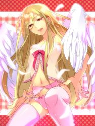 Rule 34 | 1boy, afuro terumi, bad id, bad pixiv id, blonde hair, garter belt, inazuma eleven, inazuma eleven (series), lingerie, male focus, matsuo shin, multiple wings, red eyes, solo, thighhighs, trap, underwear, undressing, wings