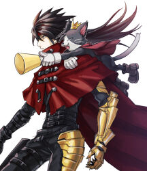 Rule 34 | 2boys, animal, animal on shoulder, armor, belt, black fur, black gloves, black hair, black pants, black shirt, boots, cait sith (ff7), cape, cat, cat on shoulder, clawed gauntlets, cloak, closed mouth, cowboy shot, crown, facing to the side, fangs, final fantasy, final fantasy vii, final fantasy vii rebirth, final fantasy vii remake, gloves, gold armor, hair between eyes, headband, highres, holding, holding megaphone, holster, long hair, long sleeves, looking to the side, male focus, megaphone, mini crown, multiple belts, multiple boys, open mouth, pants, red cape, red cloak, red eyes, red headband, shirt, siratakiumeeee, thigh holster, two-tone fur, vincent valentine, white background, white fur, white gloves