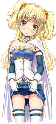Rule 34 | 1girl, absurdres, bare shoulders, belt, blonde hair, blush, boots, cape, clothes lift, commentary request, cosplay, detached sleeves, fortissimo, gloves, green eyes, hair ornament, hairclip, head tilt, highres, idolmaster, idolmaster cinderella girls, jougasaki rika, long hair, looking at viewer, mahou shoujo madoka magica, mahou shoujo madoka magica (anime), miki sayaka, miki sayaka (cosplay), musical note, musical note hair ornament, open mouth, panties, pantyshot, scrunchie, skirt, skirt lift, solo, suzuki24, thigh boots, thighhighs, twintails, two side up, underwear, white gloves, white panties
