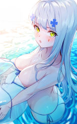 Rule 34 | 1girl, ball, beachball, bikini, breasts, collarbone, facial mark, from above, girls&#039; frontline, hair ornament, hk416 (girls&#039; frontline), holding, holding ball, large breasts, long hair, looking at viewer, looking up, medium breasts, open mouth, side-tie bikini bottom, silver hair, solo, swimsuit, untied bikini, very long hair, wading, water, wet, white bikini, wolf9, yellow eyes