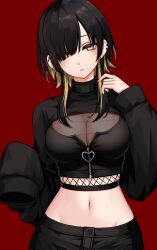 Rule 34 | 1girl, asymmetrical bangs, black hair, black nails, black shirt, black shorts, blonde hair, breasts, cleavage, closed mouth, crop top, ear piercing, earrings, groin, hair over one eye, hand up, head tilt, highres, jewelry, kushinaka, large breasts, long hair, looking at viewer, midriff, multicolored hair, navel, original, partially unzipped, piercing, red background, shirt, shorts, shrug (clothing), sidelocks, simple background, sleeves past fingers, sleeves past wrists, solo, two-tone hair, upper body, yellow eyes