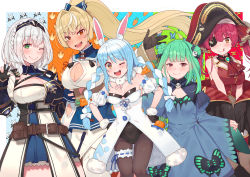 Rule 34 | 5girls, absurdres, animal ear fluff, animal ears, animal print, armor, belt, belt pouch, black coat, black gloves, black headwear, black pantyhose, blonde hair, blue dress, blue hair, blunt bangs, blush, bodystocking, bow, braid, breasts, bridal garter, brooch, butterfly print, carrot hair ornament, carrot print, chinese clothes, cleavage, cleavage cutout, closed mouth, clothing cutout, coat, collar, covered navel, cowboy shot, cropped jacket, double bun, dress, eyepatch, fingerless gloves, flame print, food-themed hair ornament, food print, frilled collar, frills, fur-trimmed gloves, fur scarf, fur trim, gloves, green eyes, green hair, hair bow, hair bun, hair ornament, hair ribbon, hairband, hands on own hips, hat, highres, hololive, houshou marine, huge filesize, jacket, jewelry, large breasts, leotard, licking lips, light blue hair, locked arms, long hair, long sleeves, looking at viewer, medium breasts, medium hair, mole, mole on breast, multicolored hair, multiple girls, neckerchief, off shoulder, one eye closed, open mouth, orange eyes, pantyhose, patterned background, pelvic curtain, pirate hat, playboy bunny, ponytail, pouch, rabbit ears, red eyes, red hair, red jacket, red neckerchief, ribbon, see-through, see-through leotard, shiranui flare, shiranui flare (old design), shirogane noel, shirogane noel (1st costume), short hair, shoulder cutout, side braid, skull and crossbones, skull hair ornament, sleeveless, sleeveless jacket, small breasts, smile, straight hair, sword, thick eyebrows, thigh strap, thighs, tonarikeru, tongue, tongue out, tress ribbon, tricorne, twin braids, twintails, two-tone hair, uruha rushia, uruha rushia (1st costume), usada pekora, usada pekora (1st costume), v, vambraces, virtual youtuber, weapon, white dress, white hair, wide sleeves, wing collar, yellow eyes
