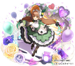 Rule 34 | 1girl, :d, ahoge, apron, balloon, black bow, black flower, black footwear, black gloves, black rose, blue flower, blue rose, bonnet, bow, breasts, brown eyes, brown hair, brown headwear, brown pantyhose, character request, collared shirt, commentary request, copyright notice, dress, flower, frilled apron, frilled dress, frills, fruits fulcute!, gloves, green dress, green hair, hair flower, hair ornament, heart, highres, large breasts, long hair, long sleeves, looking at viewer, multicolored hair, official art, open mouth, pantyhose, petals, pilokey, pink flower, pink rose, purple flower, purple rose, rose, shirt, shoes, simple background, smile, solo, spotlight, two-tone hair, very long hair, white apron, white background, white shirt, yellow flower, yellow rose