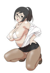 Rule 34 | 1girl, black eyes, black hair, breasts, cleavage, clothes lift, covered erect nipples, curvy, glasses, highres, holon, large breasts, lipstick, makeup, nishitsuki tsutomu, open clothes, open shirt, panties, panties under pantyhose, pantyhose, pencil skirt, plump, ponytail, real drive, shirt, short hair, skirt, skirt lift, sleeves rolled up, solo, underwear, upskirt