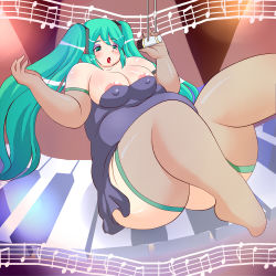 Rule 34 | 1girl, aqua eyes, aqua hair, areola slip, bare shoulders, belly, breasts, covered erect nipples, fat, grape jelly (artist), hatsune miku, large breasts, long hair, obese, solo, thick thighs, thighs, vocaloid