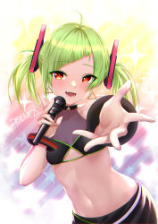 Rule 34 | 1girl, ahoge, bare shoulders, black skirt, bracelet, character name, clothing cutout, collarbone, commentary, covered collarbone, crop top, delutaya, diagonal bangs, earrings, green hair, halterneck, highres, holding, holding microphone, indie virtual youtuber, jewelry, looking at viewer, microphone, midriff, navel, open mouth, rara086, red eyes, short twintails, skirt, solo, sparkle background, symbol in eye, triangle earrings, twintails, underboob cutout, virtual youtuber