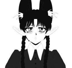 Rule 34 | 1girl, addams family, animal ear fluff, animal ears, black dress, black hair, cat ears, collar, cosplay, dress, extra ears, kaenbyou rin, looking at viewer, monochrome, pointy ears, puffy sleeves, sketch, solo, step arts, touhou, wednesday (netflix), wednesday addams, white background