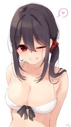 Rule 34 | 1girl, arms behind back, bad id, bad pixiv id, bare shoulders, bikini, blush, breasts, cleavage, collarbone, commentary request, hair between eyes, hair ornament, hair scrunchie, highres, long hair, looking at viewer, one eye closed, original, ramchi, red eyes, red scrunchie, scrunchie, side ponytail, sidelocks, smile, solo, swimsuit, upper body, white bikini