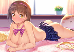 Rule 34 | 1girl, ass, blue skirt, blush, bow, bowtie, breasts, brown eyes, brown hair, cleavage, collarbone, curtains, full-face blush, hairband, highres, indoors, kazuma (kazumav), large breasts, looking at viewer, lying, miniskirt, no panties, on stomach, original, panties, pillow, pink bow, pink hairband, plaid, plaid skirt, plant, potted plant, short hair, skirt, solo, striped bow, striped bowtie, striped clothes, striped neckwear, topless, underwear, unworn panties, window, yellow panties