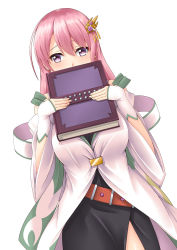 Rule 34 | 1girl, book, breasts, ersha (sennen sensou aigis), hair ornament, highres, holding, holding book, long hair, looking at viewer, medium breasts, pink hair, purple eyes, sano souichi, sennen sensou aigis, simple background, solo, standing, white background