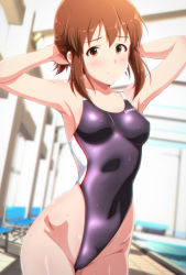 Rule 34 | 1girl, armpits, arms up, blurry, breasts, brown eyes, brown hair, cameltoe, closed mouth, competition swimsuit, depth of field, dutch angle, hagiwara yukiho, highres, idolmaster, idolmaster (classic), idolmaster 1, looking at viewer, medium breasts, one-piece swimsuit, pool, short hair, solo, swimsuit, tengu (tetuo kun), tying hair, wet, wet clothes, wet swimsuit