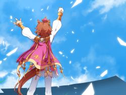 Rule 34 | 1girl, animal ears, arms up, cape, cloud, ear piercing, feet out of frame, from behind, gloves, highres, horse ears, horse girl, horse tail, jewelry, multiple rings, nanaheibei 3, orange hair, outdoors, piercing, pink cape, pink skirt, ring, shirt, short hair, single glove, skirt, sky, solo, standing, t.m. opera o (umamusume), tail, thighhighs, two-tone skirt, umamusume, white gloves, white shirt, white skirt, white thighhighs