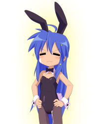 Rule 34 | 1girl, :3, = =, absurdres, aftersex, ahoge, animal ears, blue hair, blush, bow, bowtie, breasts, closed eyes, collarbone, cum, cum in clothes, cum through clothes, cumdrip, detached collar, fake animal ears, fake tail, female focus, highres, izumi konata, leotard, long hair, lucky star, mole, mole under eye, not call, pantyhose, playboy bunny, pussy juice, rabbit ears, rabbit tail, shiny skin, solo, standing, tail, white background, wrist cuffs
