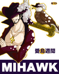 Rule 34 | 1boy, bird, black hair, character name, chinstrap, dracule mihawk, hat, jewelry, magur0 (narunaru105), male focus, necklace, one piece, popped collar, solo, sword, weapon, yoru (one piece)