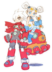 Rule 34 | 1boy, 1girl, bare shoulders, blue eyes, blue footwear, blue neckwear, clenched hands, closed mouth, floating, frown, goggles, goggles on head, grey eyes, hair between eyes, hair over one eye, holding, holding wrench, long hair, nakayama tooru, original, red scarf, robot, scarf, sitting, sitting on robot, sketch, smile, standing, striped clothes, striped thighhighs, thighhighs, tinted eyewear, torn, torn clothes, torn scarf, twintails, white hair, wrench, yellow-tinted eyewear
